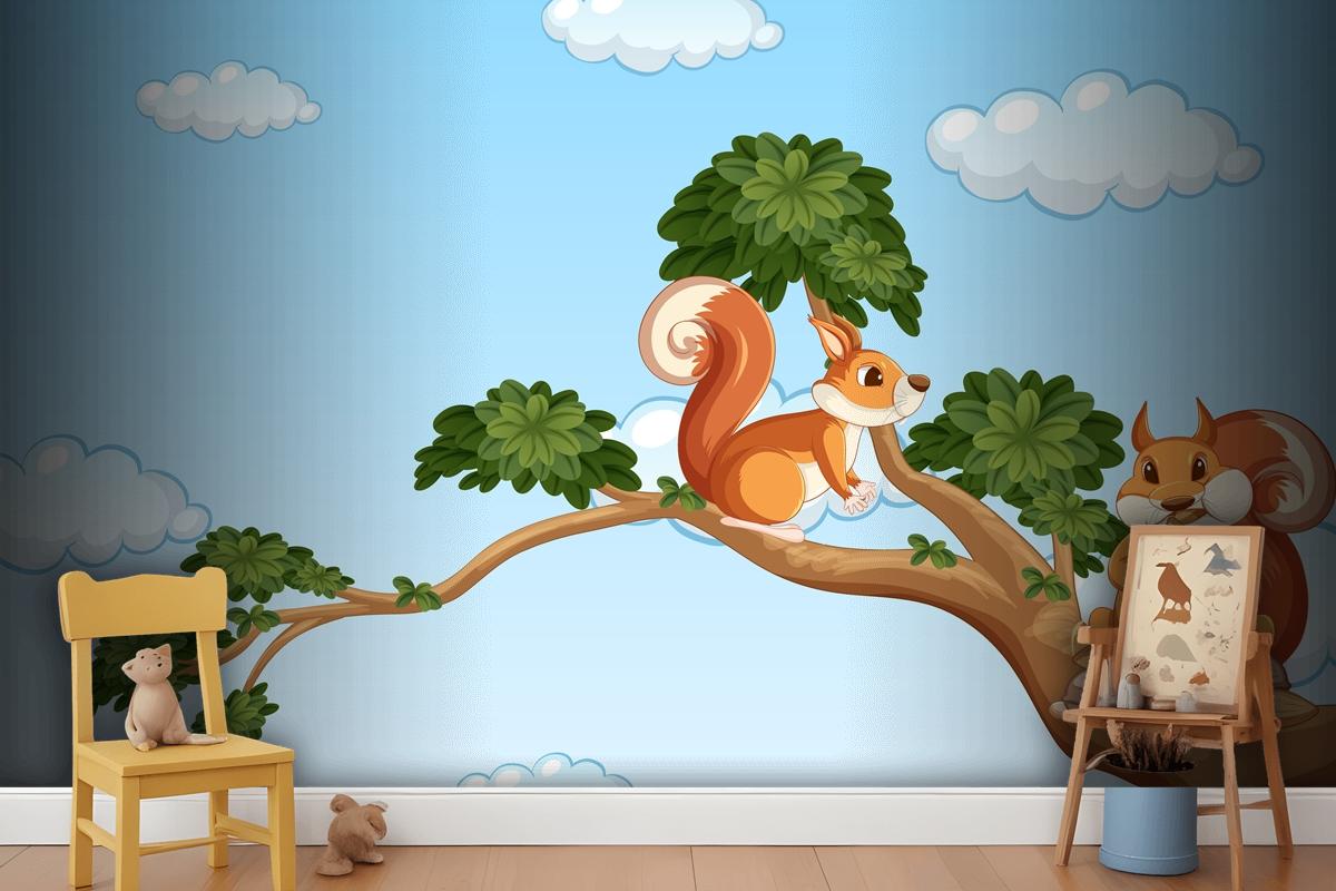 Two Squirrels On The Branch Wallpaper Mural