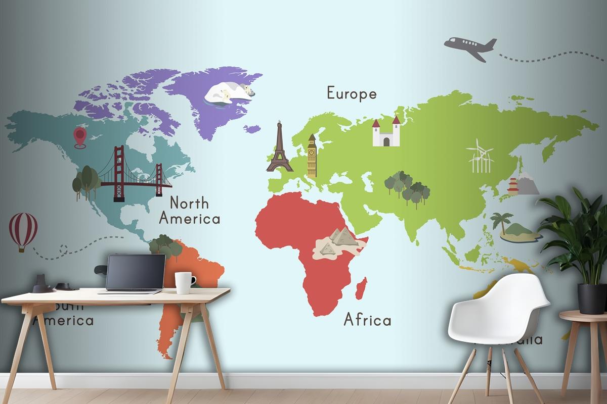 World Continent Map Location Graphic Wallpaper Mural