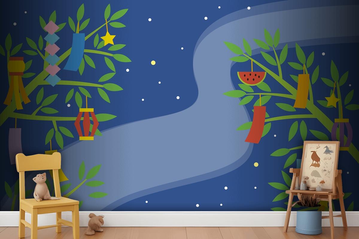 Flat Tanabata Background With Ornaments In Branches Wallpaper Mural