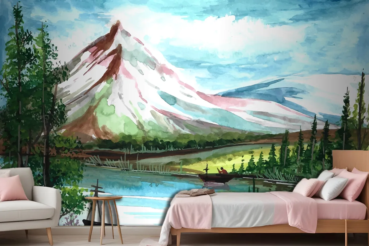 Hand Draw Spring Landscape Scene Watercolor Wallpaper Mural