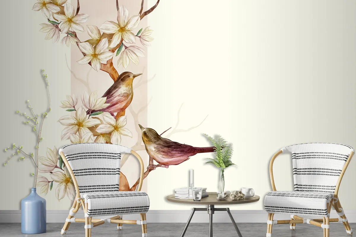 Asian Flower Watercolor With Birds Wallpaper Mural