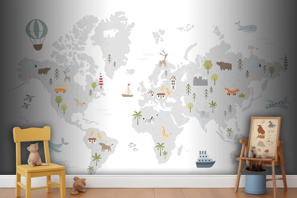 World Map With Animals Houses Nature Elements Wallpaper Mural