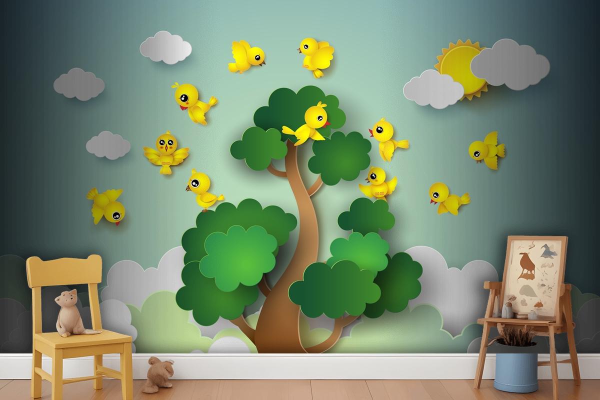 Bird Flying Around A Tree Wallpaper Mural