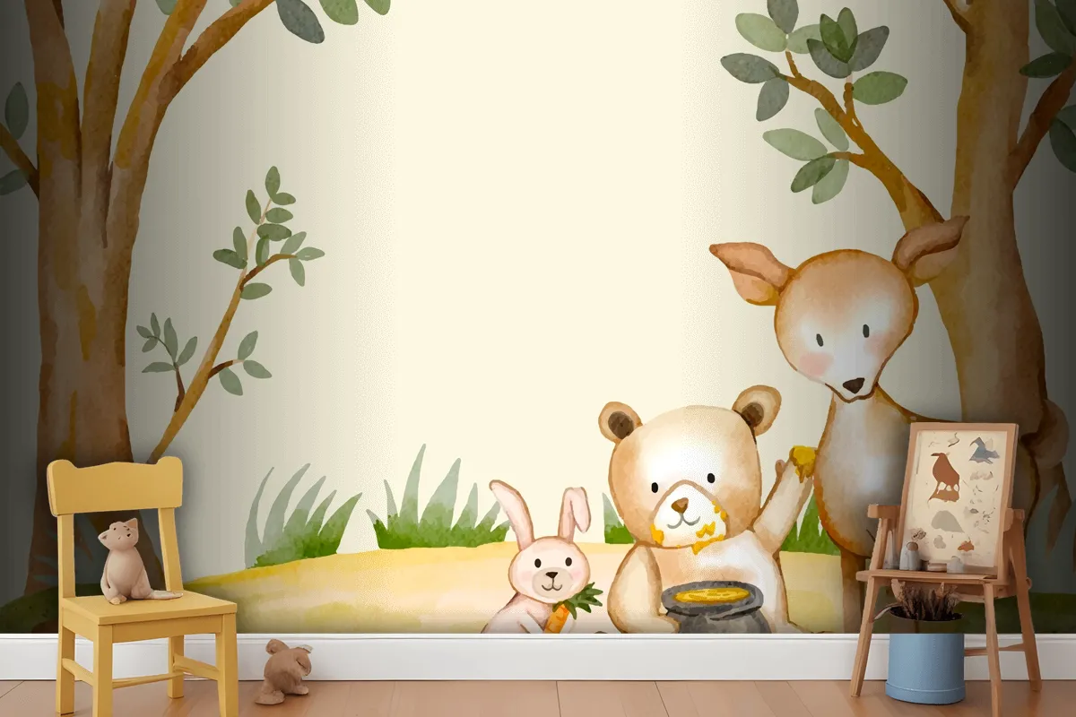 Watercolor Forest Animals Background Wallpaper Mural