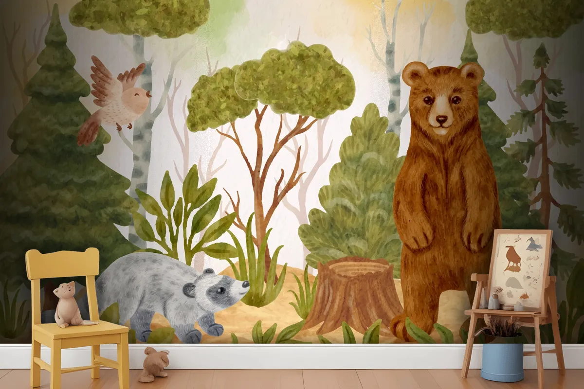 Watercolor Forest Animals Background Wallpaper Mural