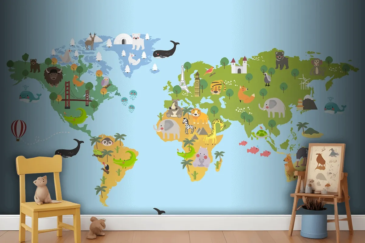 Animal World Map Wallpaper Mural