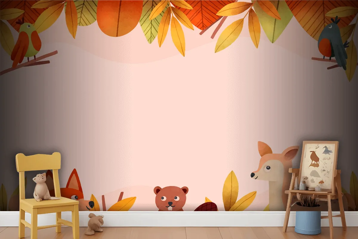 Watercolor Forest Animal And Leaves Wallpaper Mural