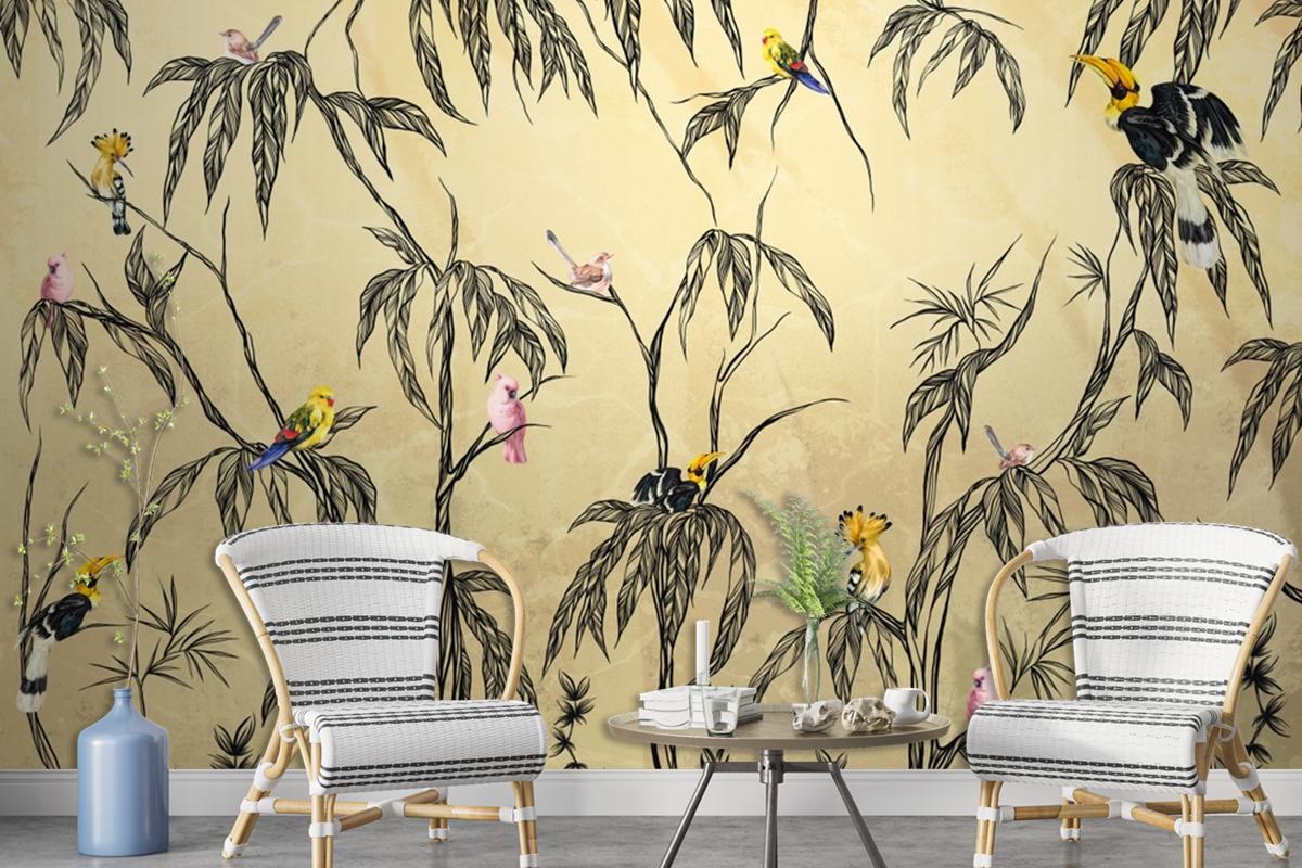 Bird In The Tropics On A Textured Beige Wallpaper Mural