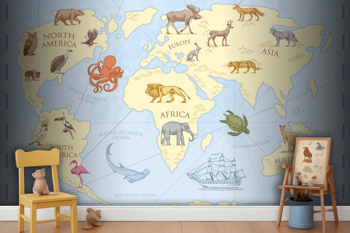 Vintage World Map With Wild Animals Wallpaper Mural