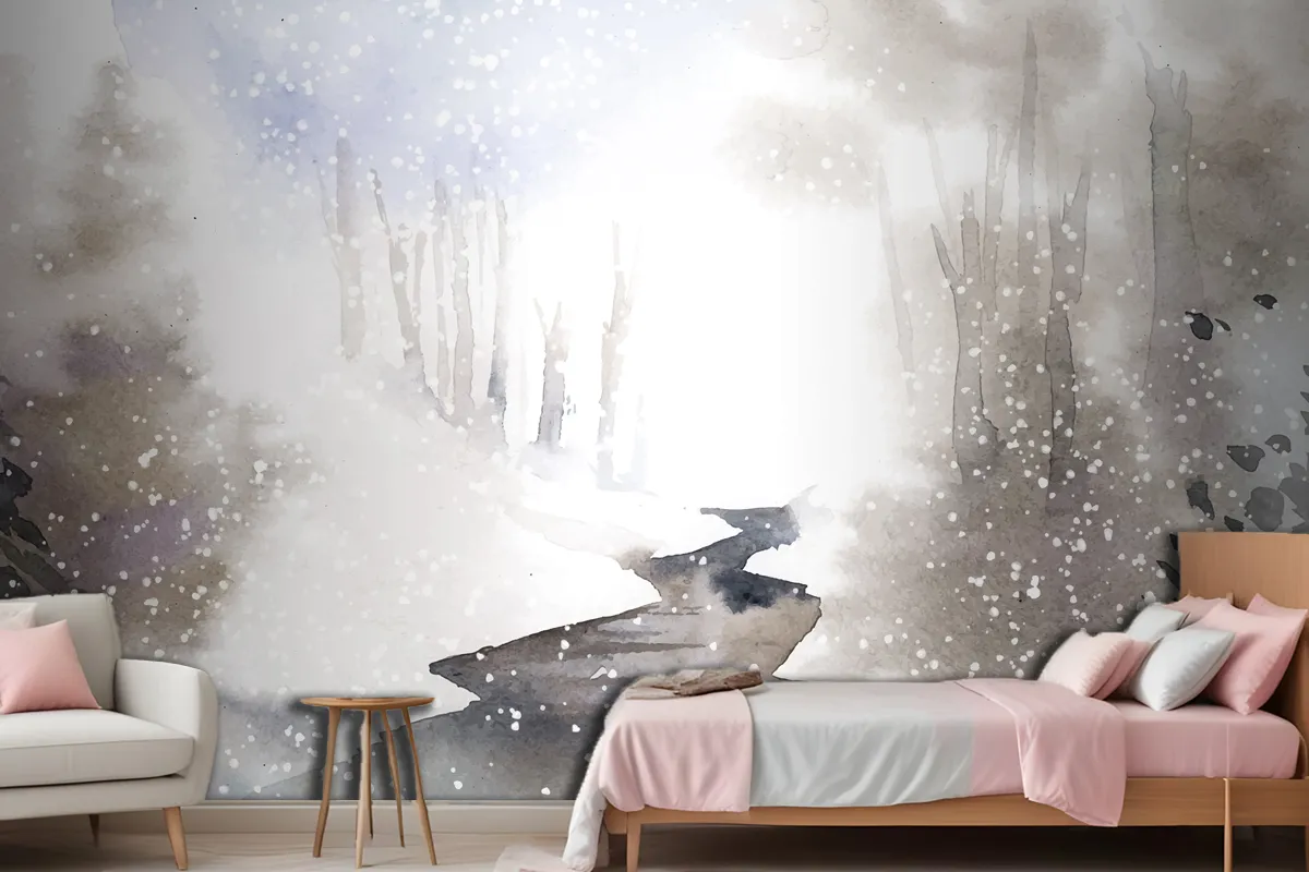 Winter Wonderland Landscape Painted By Watercolor Wallpaper Mural