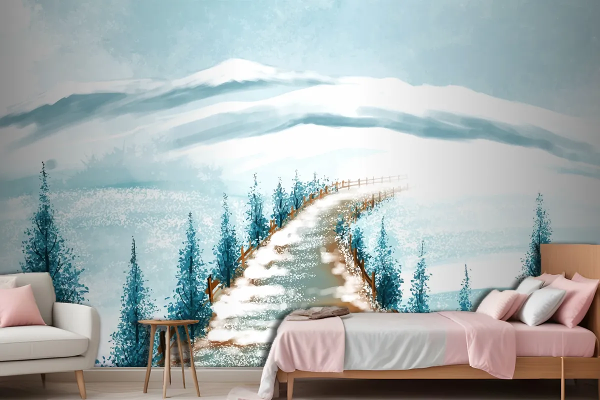 Winter Landscape With Snowy Christmas Tree Card Wallpaper Mural