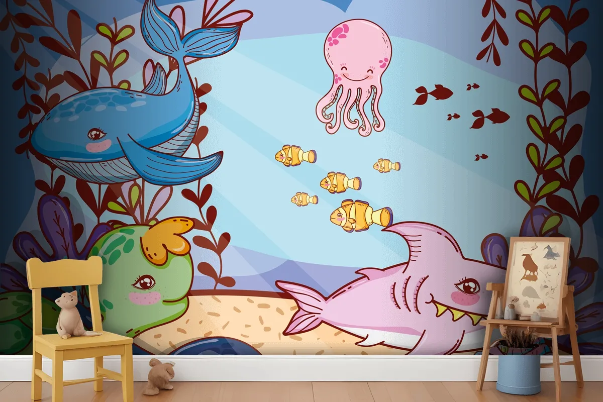 Cute Sea Animals With Seaweed Plants Wallpaper Mural