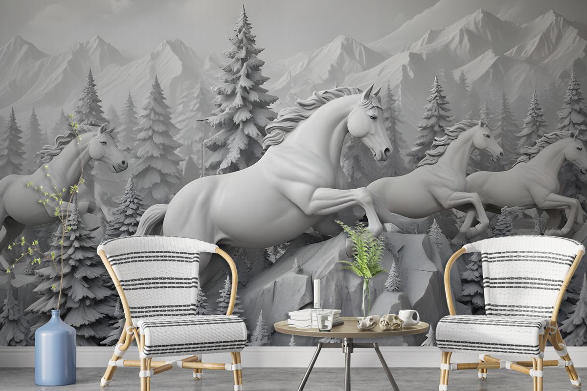 3D Embossed Look Cement Angel Horses Wallpaper Mural