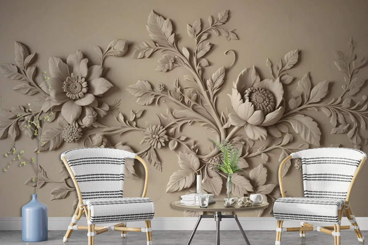 3D Embossed Look Cement Floral Tree Wallpaper Mural