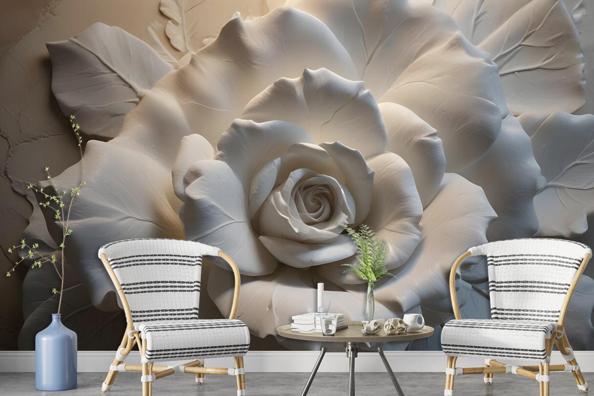 3D Embossed Look Cement Roses Wallpaper Mural