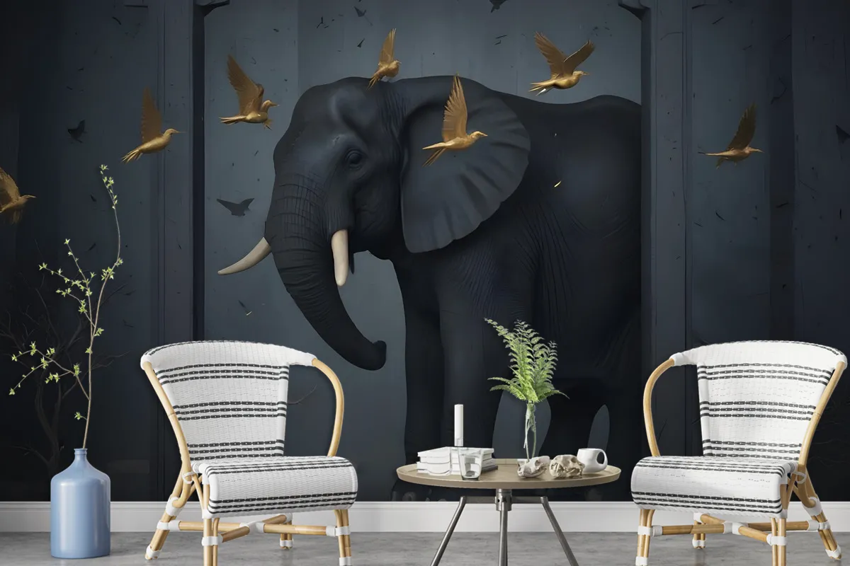 3D Embossed Look Dark Elephant And Birds Wallpaper Mural