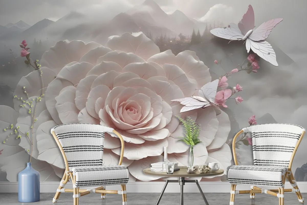 3D Embossed Look Flowers And Butterfly Wallpaper Mural