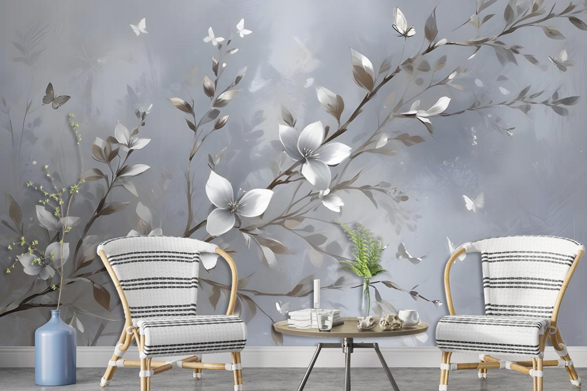 3D Embossed Look Magnolia Blossom And Butterfly Wallpaper Mural