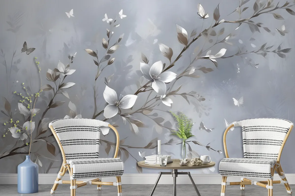 3D Embossed Look Magnolia Blossom And Butterfly Wallpaper Mural