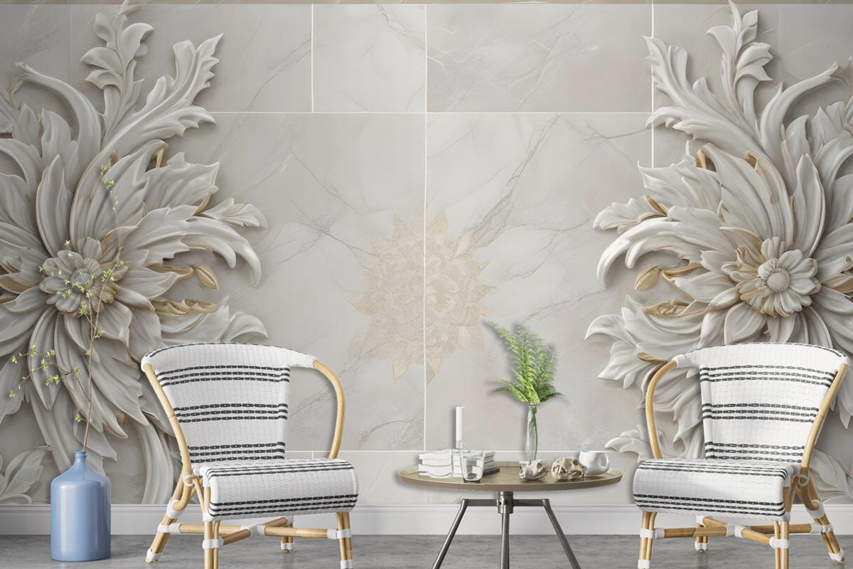 3D Embossed Look Marble Sunflower Wallpaper Mural