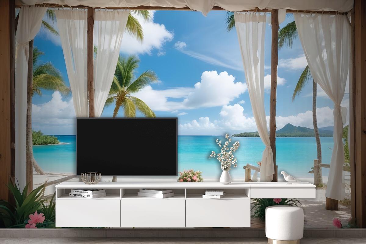 3D Look Blue Sea Landscape With Old Arches And Palm Trees Wallpaper Mural