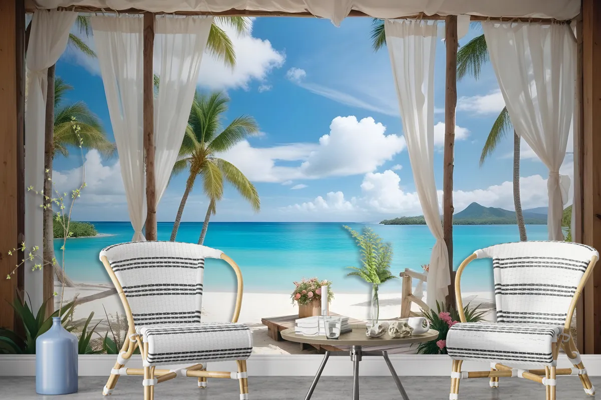 3D Look Blue Sea Landscape With Old Arches And Palm Trees Wallpaper Mural