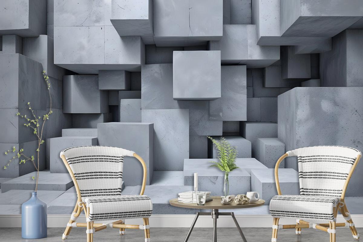 3D Look Concrete Style Gray Abstract Cubes Wallpaper Mural