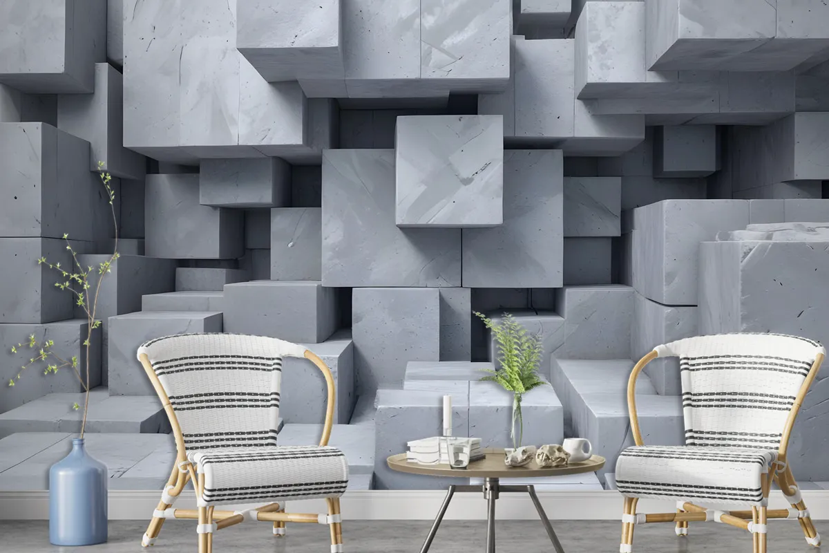 3D Look Concrete Style Gray Abstract Cubes Wallpaper Mural