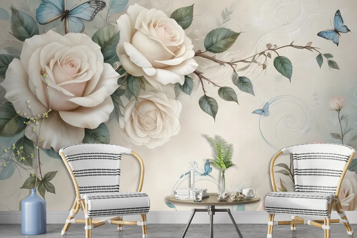 3D Look Cream Rose Floral Wallpaper Mural