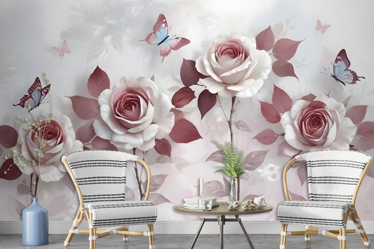 3D Look Floral With Little Butterfly Wallpaper Mural