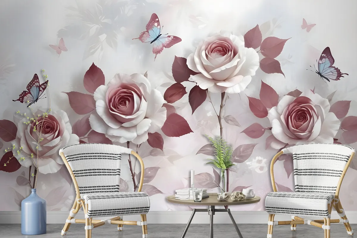 3D Look Floral With Little Butterfly Wallpaper Mural