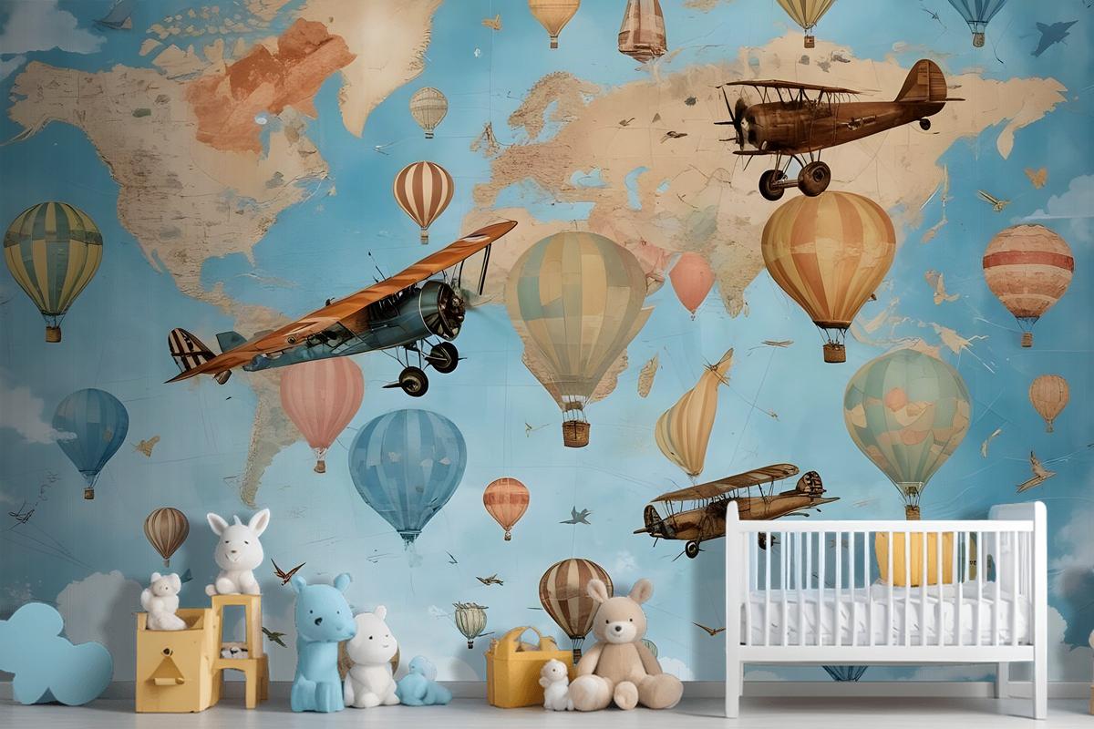 3D Look Kids World Map With Hot Air Balloon Wallpaper Mural