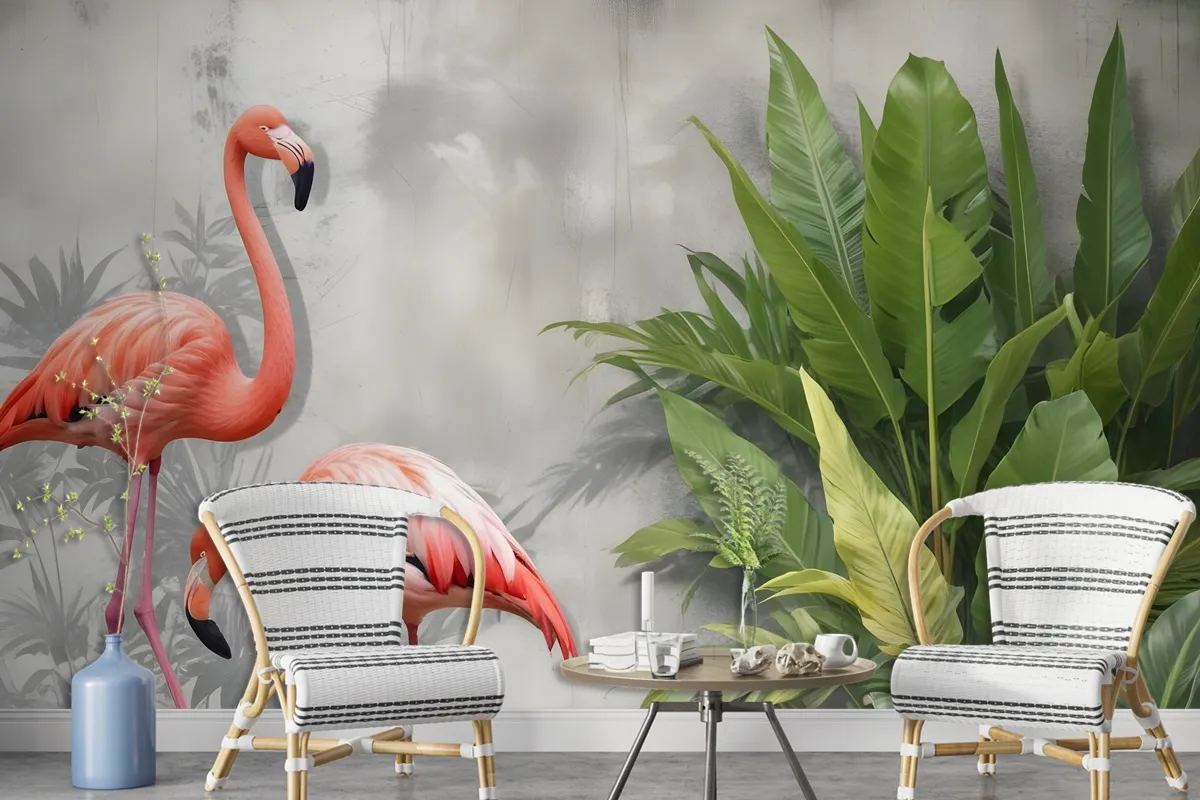 3D Look Pink Flamingo With Tropical Leaves Wallpaper Mural