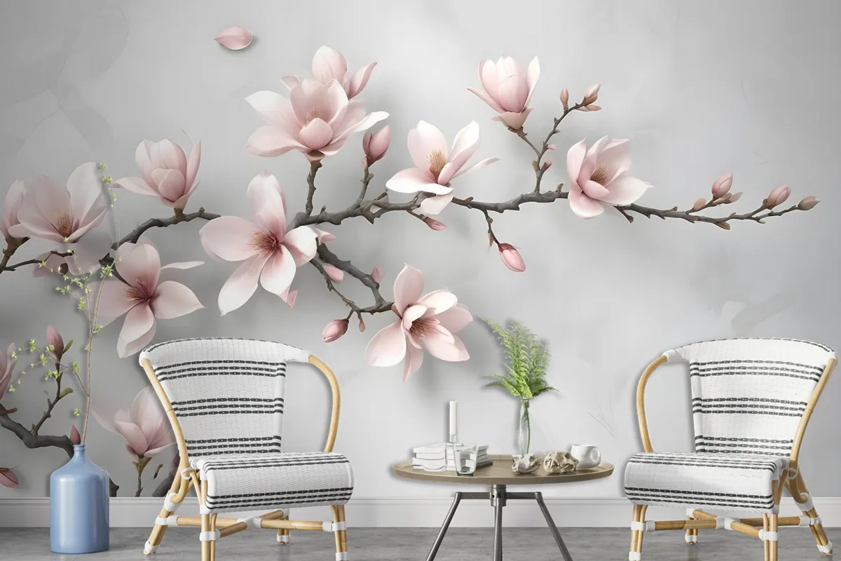 3D Look Pink Magnolia Blossom Wallpaper Mural