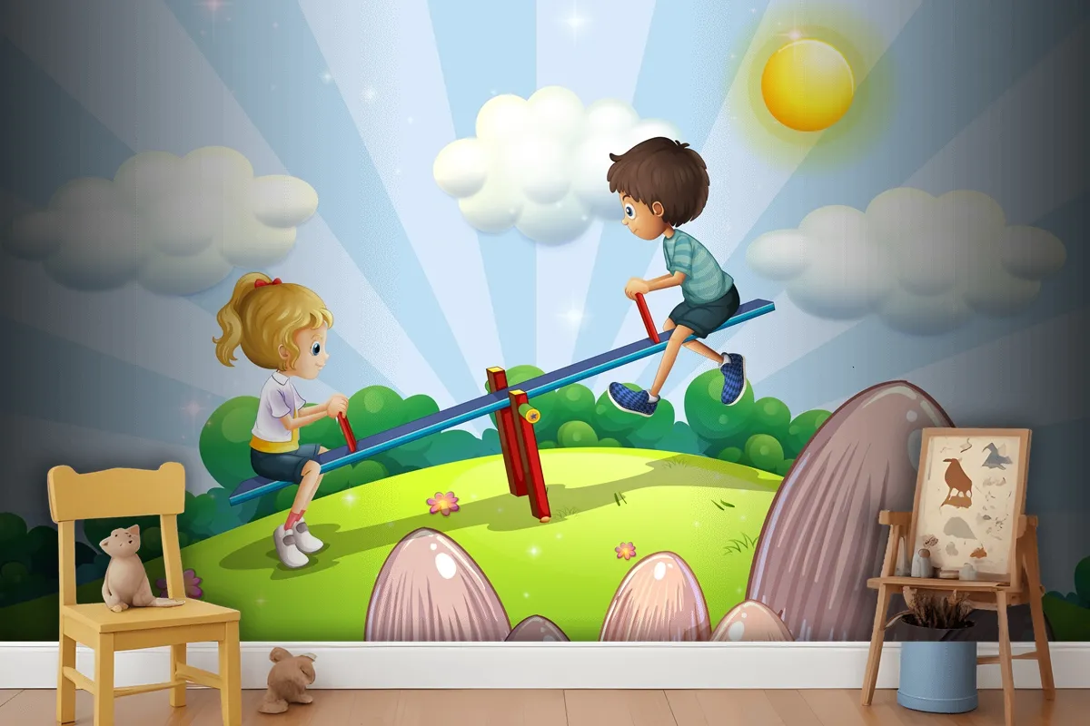 A Boy And A Girl Riding A Seesaw Wallpaper Mural