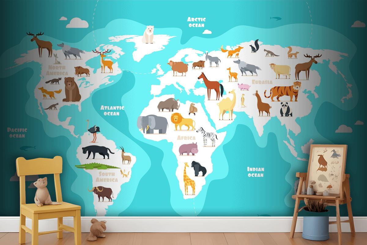 World Map With Animals Earth Discovery Funny Kids Geography Wallpaper Mural