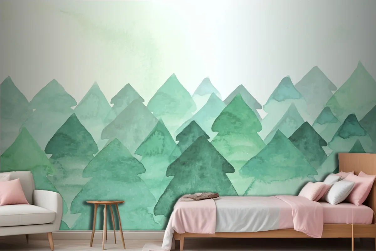 Watercolor Painting With Fir Trees Wallpaper Mural