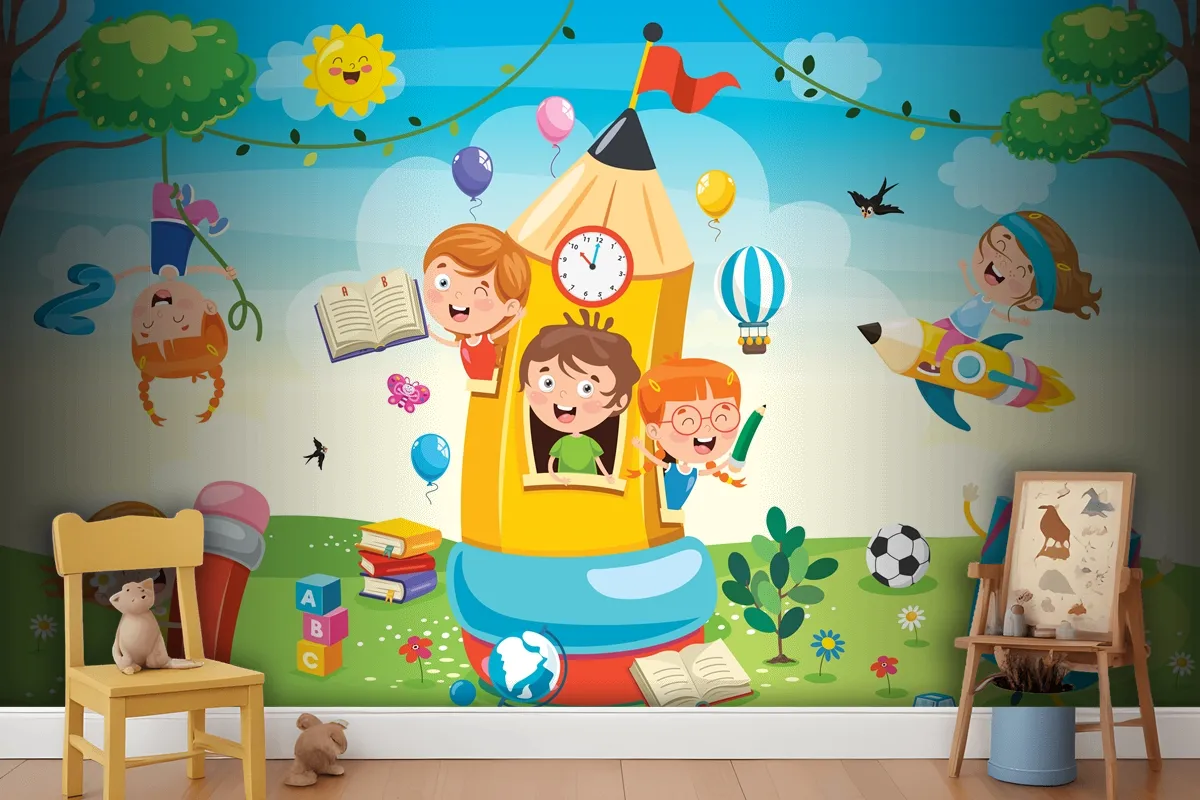 Cute Children Playing At Pencil House Wallpaper Mural