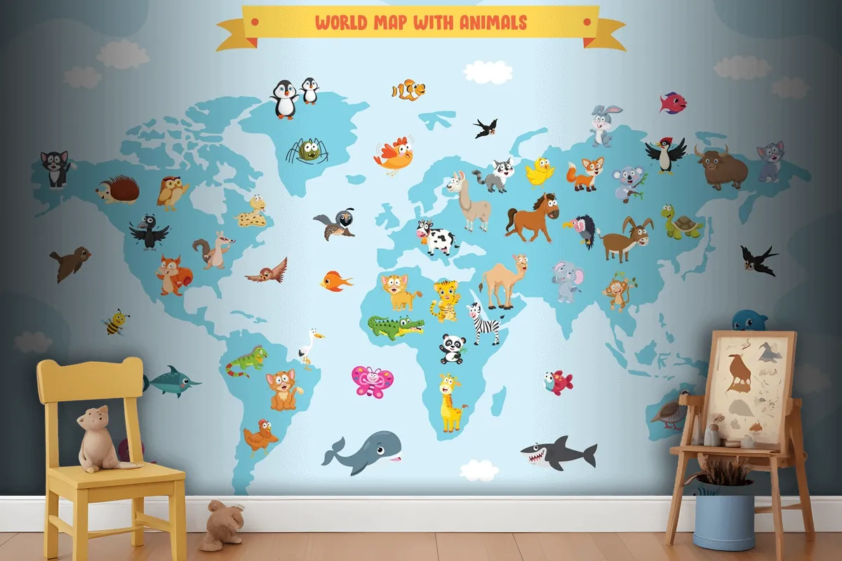 World Map With Cartoon Animals Wallpaper Mural