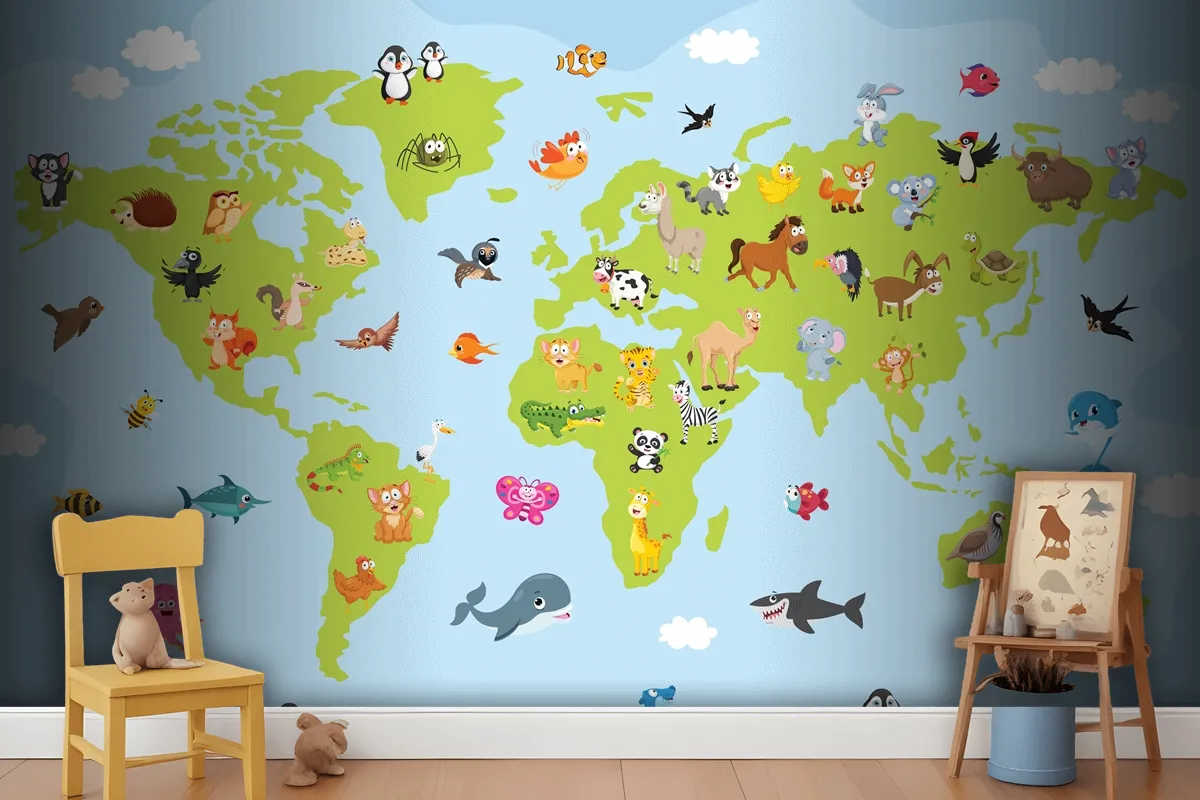 World Map With Cartoon Animals Wallpaper Mural