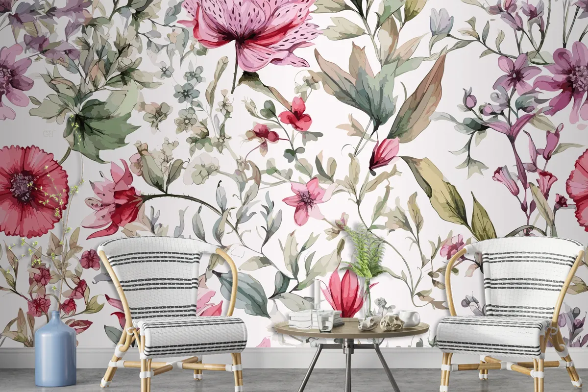 Colourful Floral Background With Leaves Wallpaper Mural