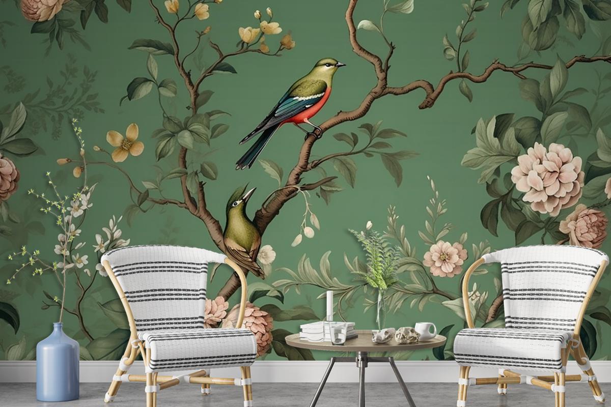 Flowers Branches Birds Golden Brushstrokes Wallpaper Mural