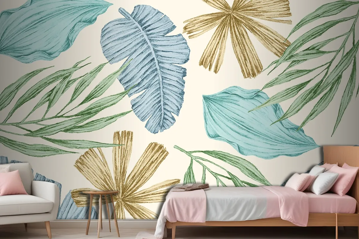 Tropical Background With Vintage Leaves Wallpaper Mural