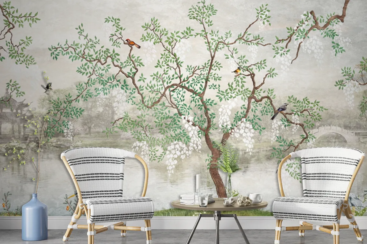 Tree By The Lake Misty Landscape Birds In Japanese Garden Wallpaper Mural