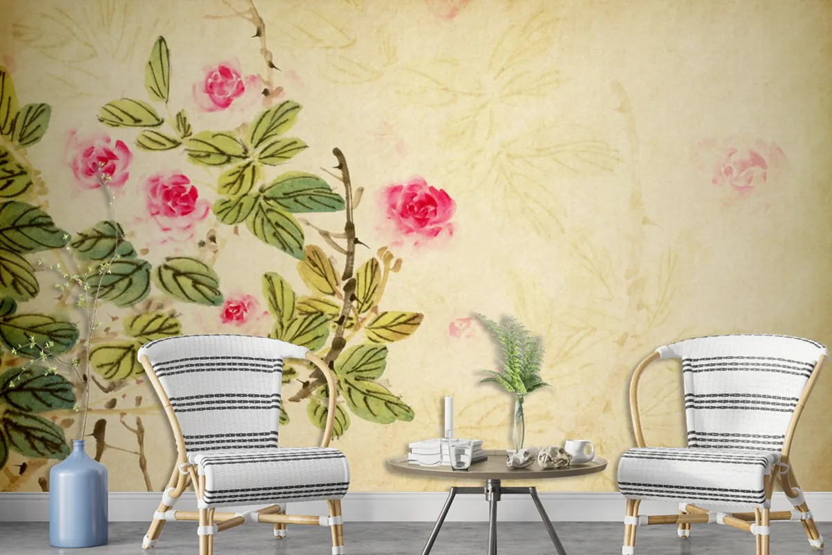 Chinese Traditional Painting Of Rose Flower On Old Paper Wallpaper Mural