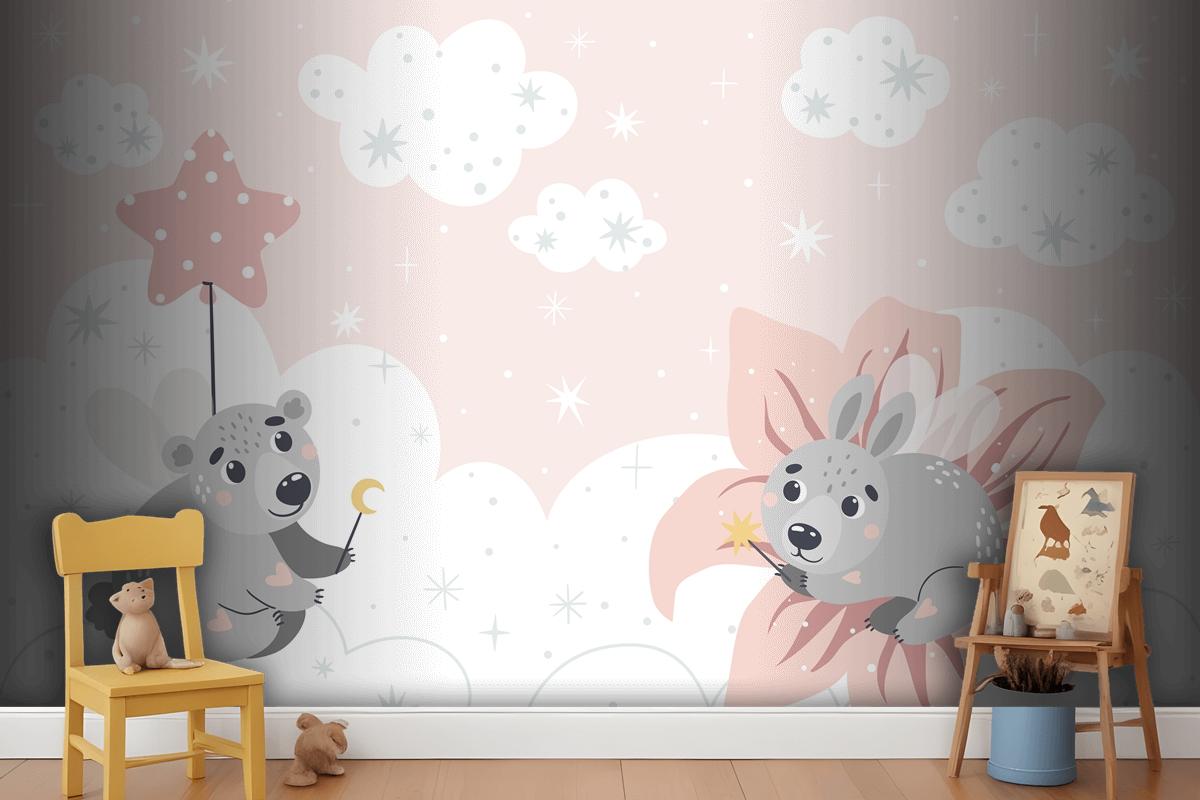 Cute Fairytale Animals On The Clouds Suitable For Printing Wallpaper Mural