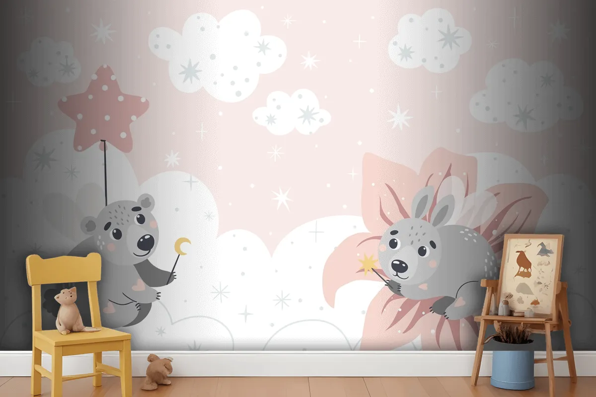 Cute Fairytale Animals On The Clouds Suitable For Printing Wallpaper Mural