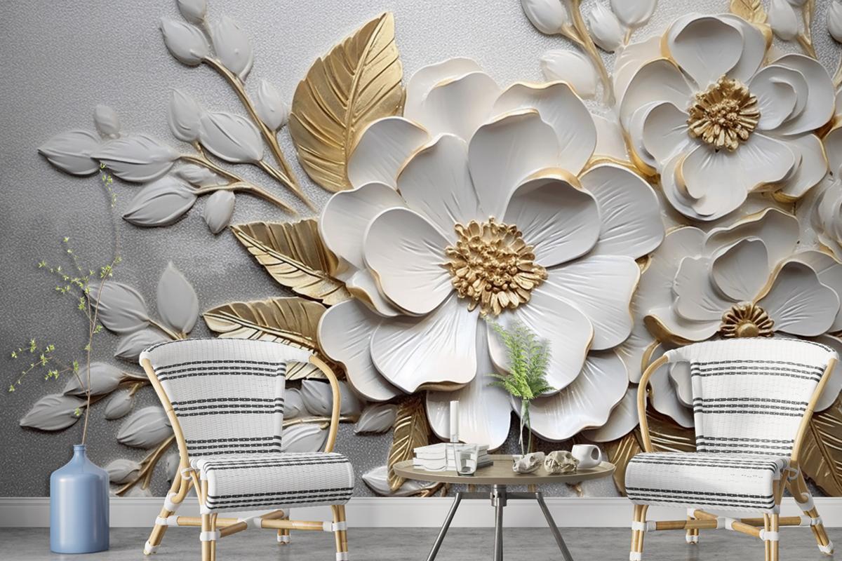 Abstract Artistic Flowers Branches Gold And Canvas Painting Wallpaper Mural