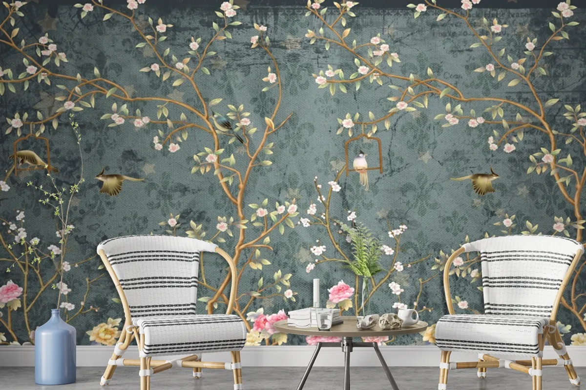 Branches Birds And Flowers Wallpaper Mural