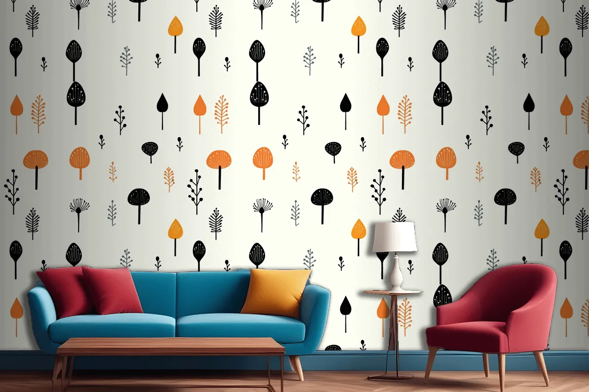 Black Mushroom And Leaf Pattern On A White Living Room Wallpaper Mural